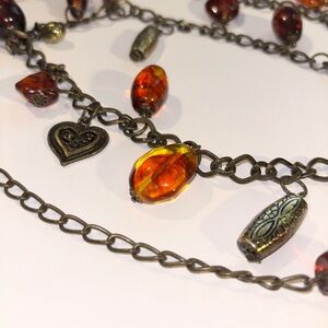 Amber and Brass Heart Charm Chain Belt
